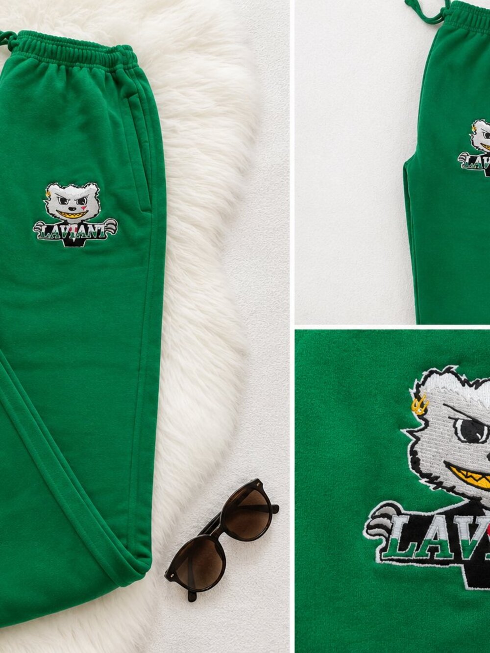 LAVIANT Green Fleece Jogger Sweatpants | Embroidered Graphic | Unisex